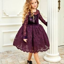 فستان بناتي وردة مع مخمل وشيفون